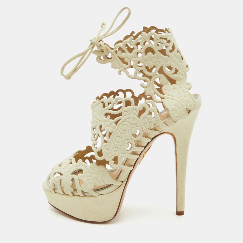 Charlotte Olympia Belinda Laser Cut Size 35 Cream Suede Peep Toe Platform